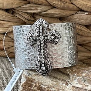 Silver Hammered Cuff Bracelet Cross Crystal Accent